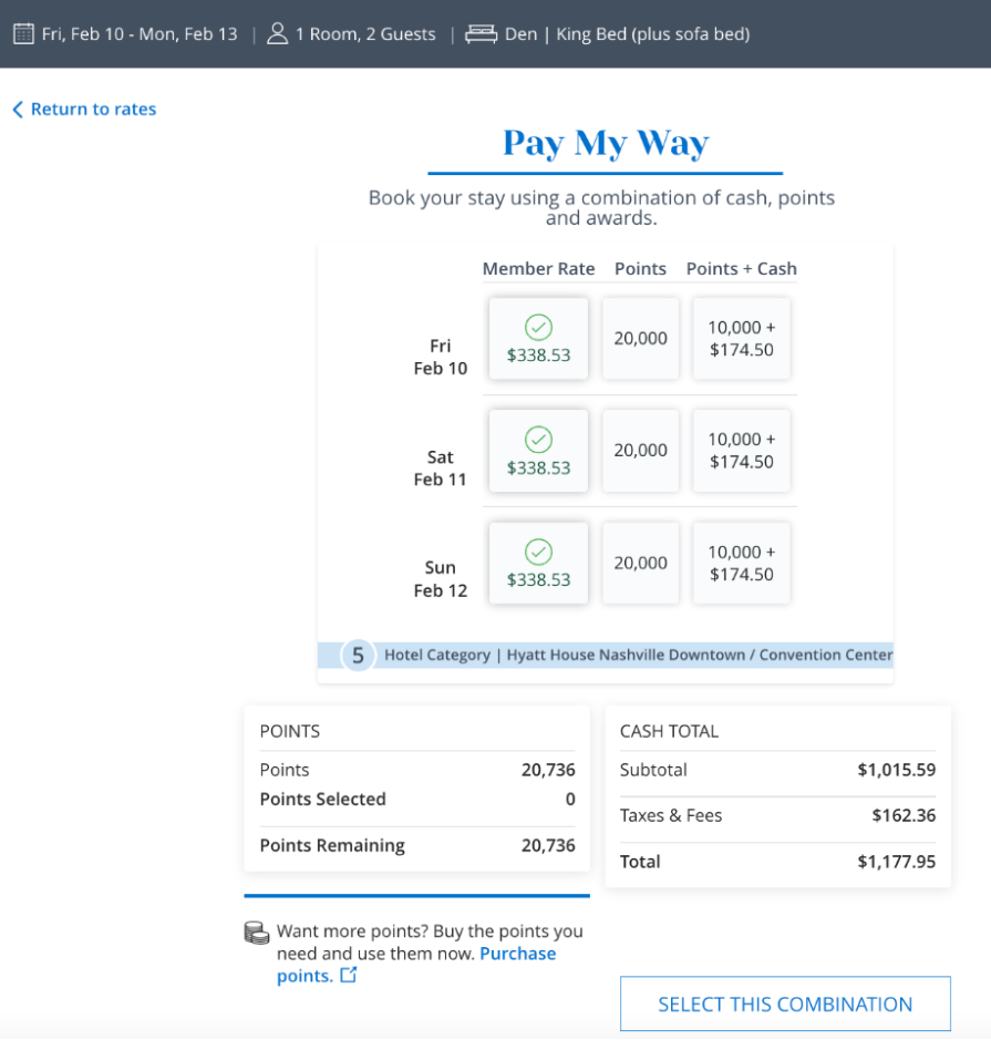 Hyatt Pay my Way redemption example