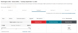Washington DC to Dubai in Emirates business class for 90,000 Aeroplan points