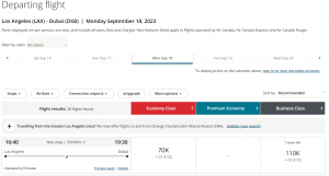Los Angeles to Dubai in Emirates business class for 110,000 Aeroplan points