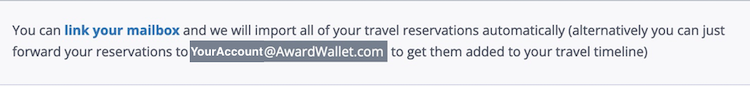Screenshot showing how to find your personalized AwardWallet email address