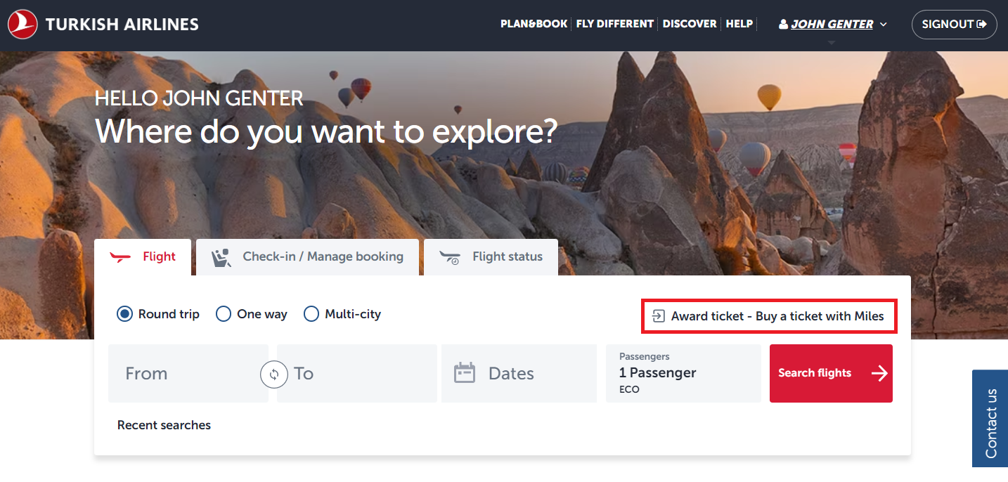 Screenshot of Turkish Airlines homepage with the "Award ticket - buy a ticket with miles" option highlighted