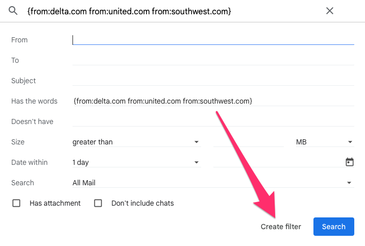 Screenshot showing how set up a custom filter in Gmail to help track your Delta, Southwest, and United accounts in AwardWallet