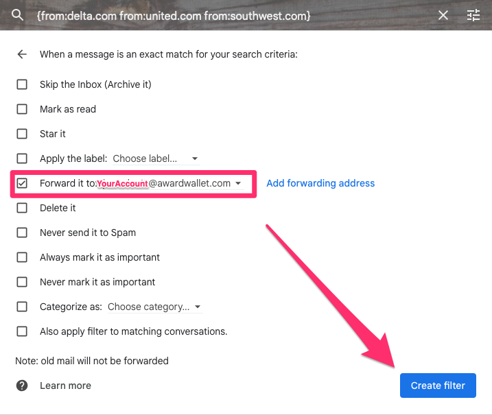 Screenshot showing how forward specific emails through Gmail to track your Delta, Southwest, and United accounts in AwardWallet