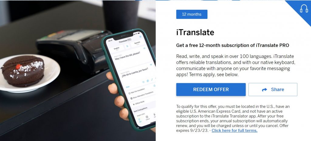 Free iTranslate Pro Amex promotion
