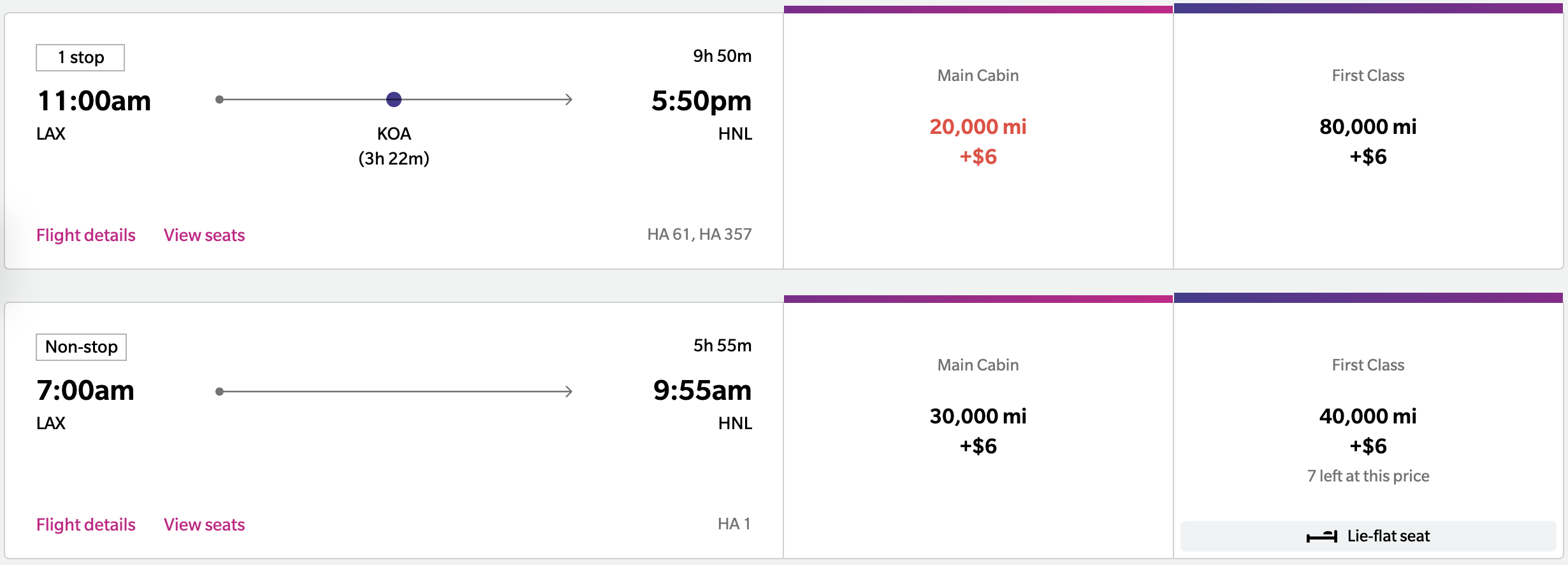 Hawaiian Airlines awards from LAX to HNL.