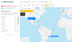 Screenshot of the FlightConnections website showing the flight options between Los Angeles and Rio de Janeiro