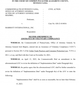 Marriott resort fees implementation second amendment filed in the Court of Common Please for Allegheny County, Pennslyvania