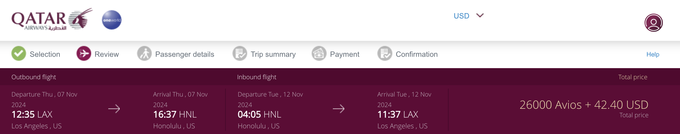 AA awards to HNL via Qatar Airways.