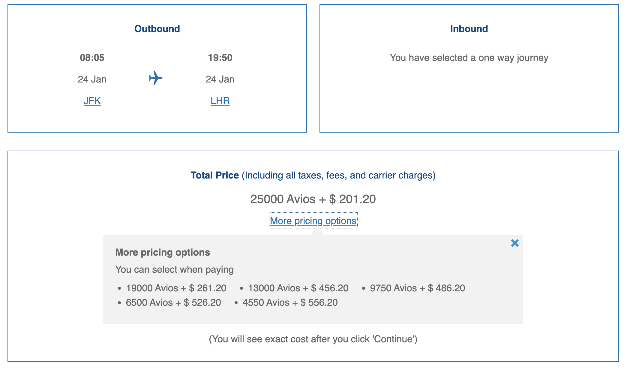 Example of a Reward Flight Saver award from New York to London Heathrow