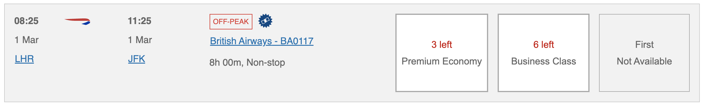 British Airways award example showing Reward Flight Saver icon