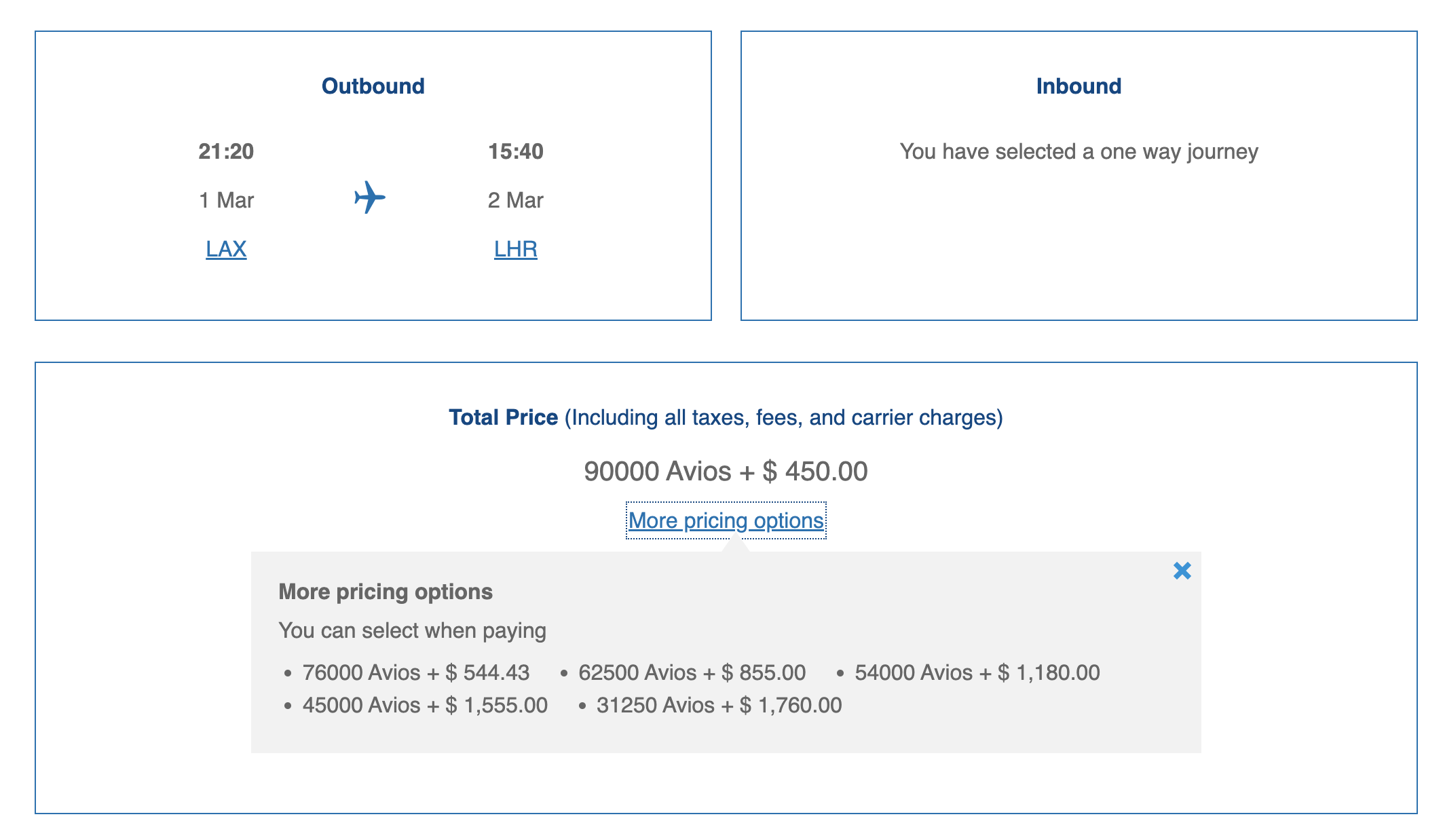 Example of a Reward Flight Saver award from Los Angeles to London Heathrow