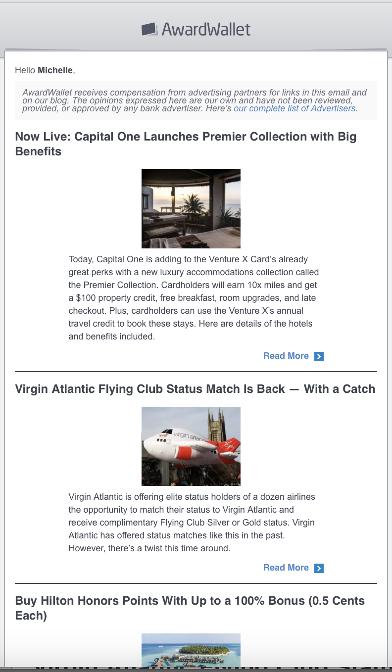 example AwardWallet email daily digest