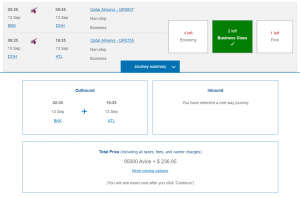 Qatar Qsuite awards available on British Airways website