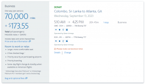 Colombo Sri Lanka to Atlanta via Doha for 70,000 AAdvantage miles