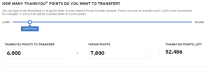 Screenshot showing transferring 6,000 Citi ThankYou points to 7,800 Virgin Atlantic Flying Club points after 30% transfer bonus