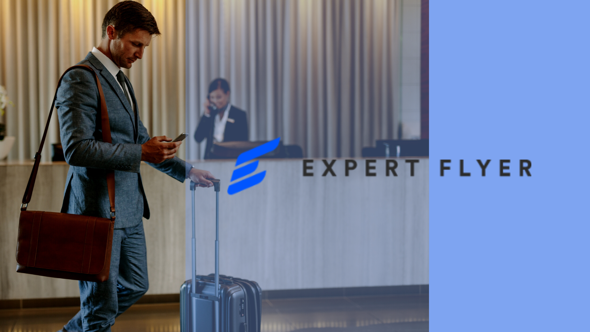 a man in a suit looks at his phone next to ExpertFlyer's logo