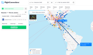 Screenshot of FlightConnections showing routes from Houston to Rio de Janeiro
