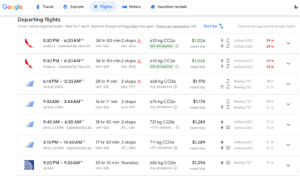Screenshot of Google Flights search results showing flight options from Houston to Rio de Janeiro