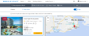 Hyatt map award search results for Rio