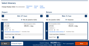 Screenshot of ANA website showing award pricing for United awards from Houston to Rio de Janeiro