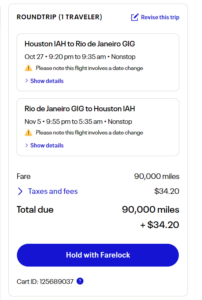 Screenshot of United website showing award pricing between Houston and Rio de Janeiro