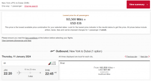 Emirates first class award pricing after the recent devaluation