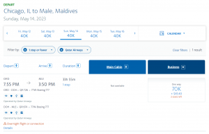 AAdvantage award flying Qatar Qsuite from Chicago to Male for 70,000 AAdvantage miles