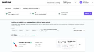 Screenshot of Point.Me showing award search results for Los Angeles to Rio de Janeiro