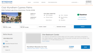 Club Wyndham Cypress Palms 1-bedroom condo award for 7,500 Wyndham Rewards points.