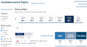 Alaska Mileage Plan award pricing on Japan Airlines from Dallas to Tokyo after devaluation
