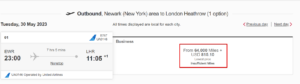 Emirates United EWR to LHR for 64k plus taxes and fees