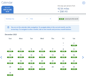 Screenshot of American Airlines website showing Etihad Apartment award availability calendar for December 2023