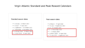 Virgin Atlantic peak standard calendars side by side