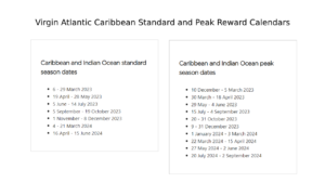 Virgin Atlantic Intra-Caribbean peak standard calendars side by side