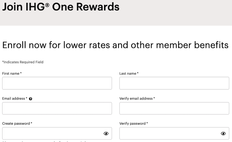 Screenshot of page to join IHG One Rewards