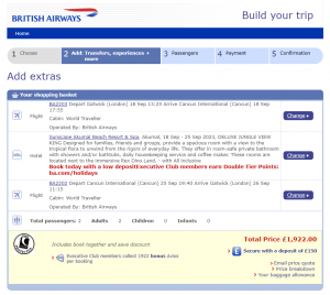 London To Cancun vacation example booked through British Airways Holidays showing the total price of £1922