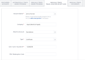 screenshot of AwardWallet form to manually track free night awards and certificates