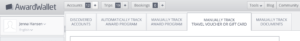 Screenshot of AwardWallet user account showing where to click to manually track rewards