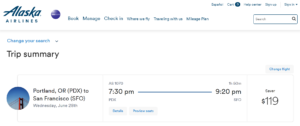 Alaska Airlines Saver fare from Portland to San Francisco