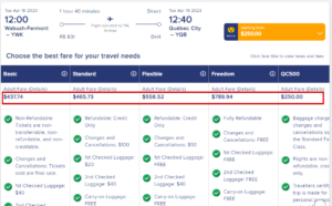 PAL Airlines Wabush to Quebec City price increases