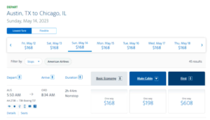 cash flight from Austin to Chicago