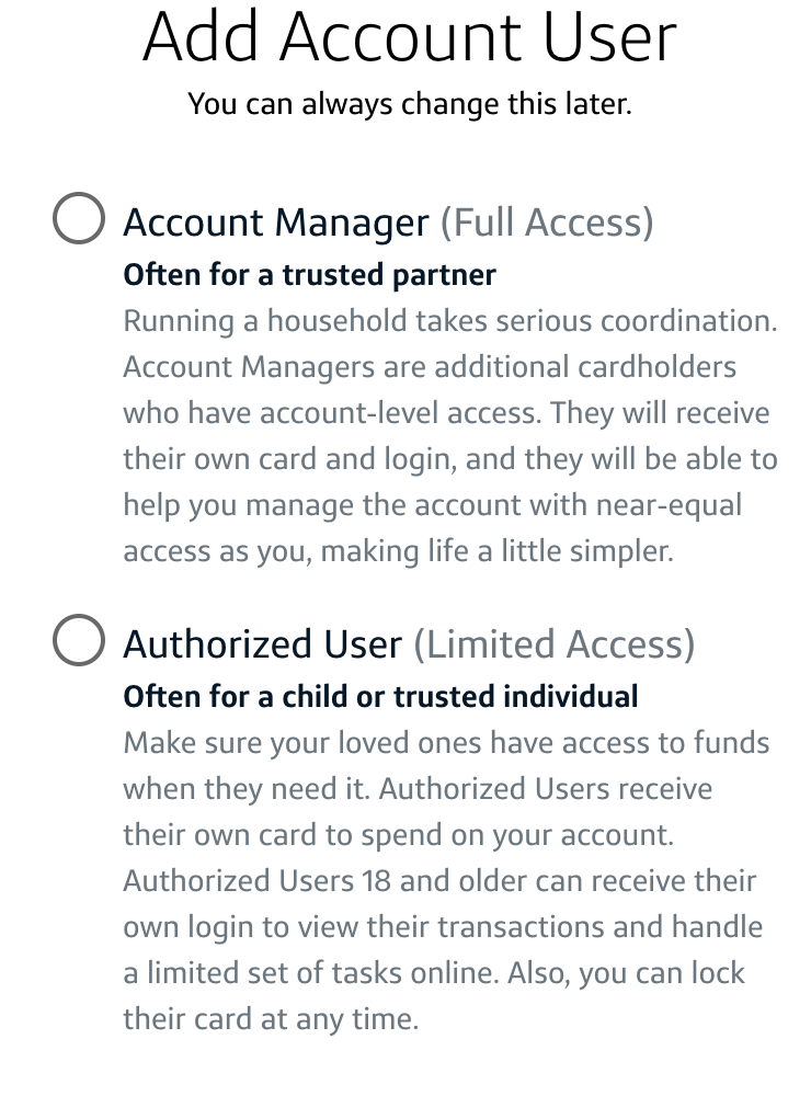 Venture X Card add account user screen