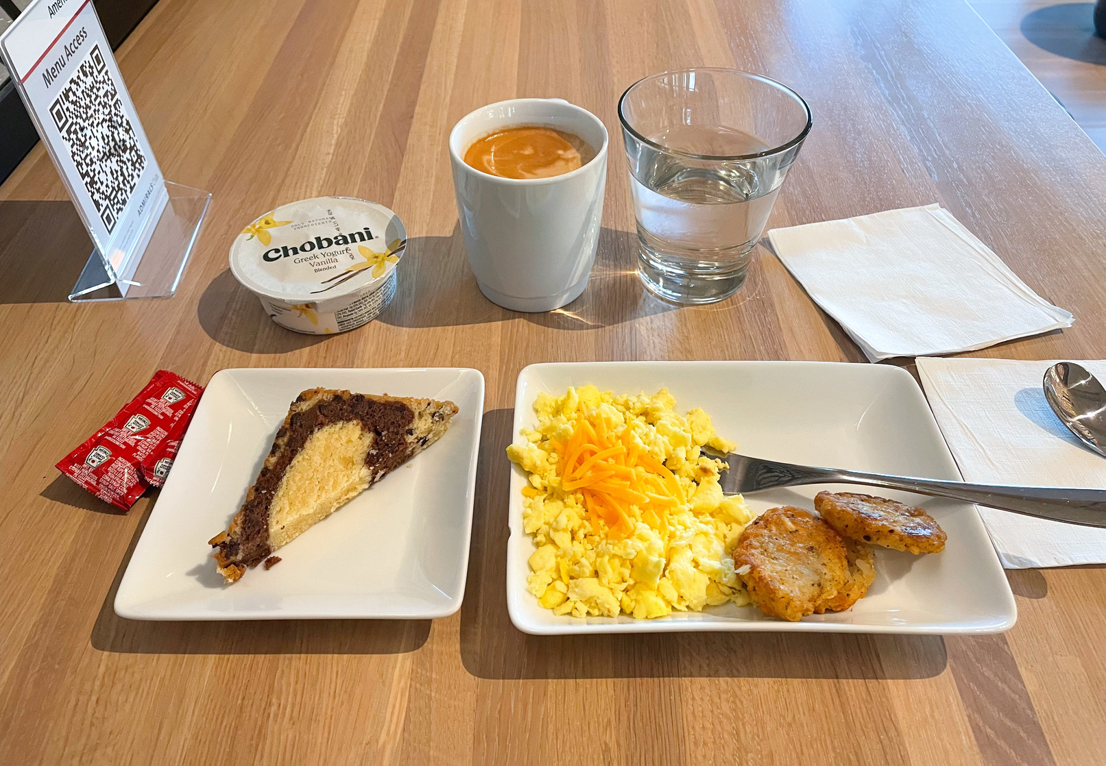 A breakfast at an American Airlines Admirals Club