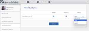 Screenshot showing AwardWallet Blog notification options
