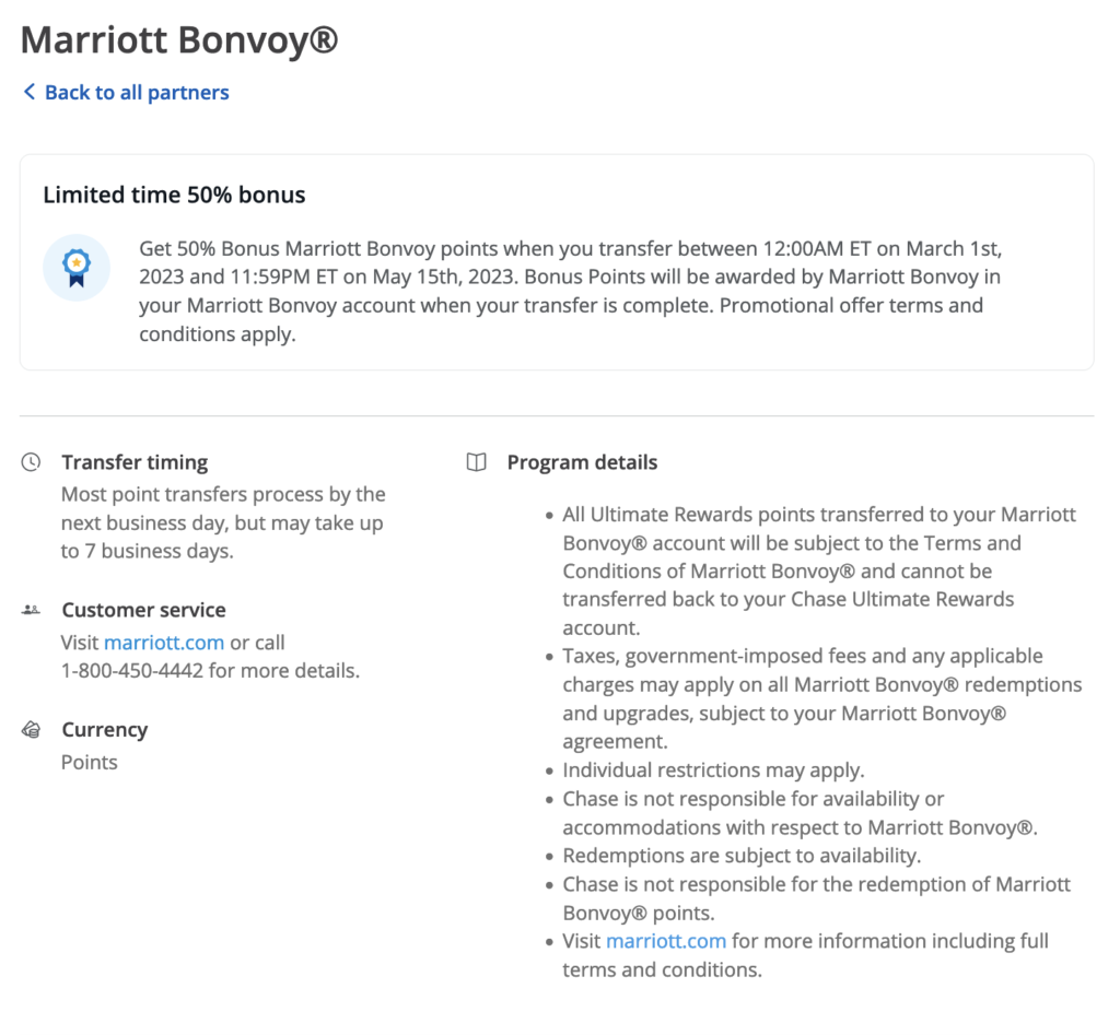 Chase Ultimate Rewards screenshot showing 50% transfer bonus to Marriott Bonvoy