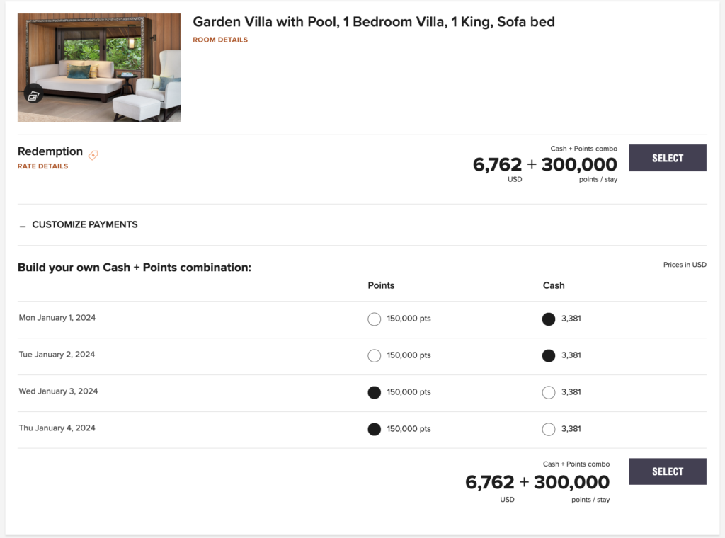 Marriott reservation showing two nights priced at $3,781 per night and two nights at 150,000 points per night