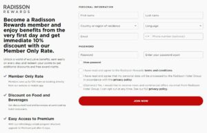 screenshot of page to Join Radisson Hotels