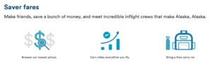 Alaska Airlines Saver fares benefits screenshot