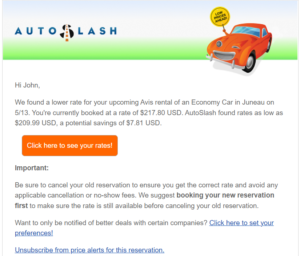 AutoSlash email saying a better price was found