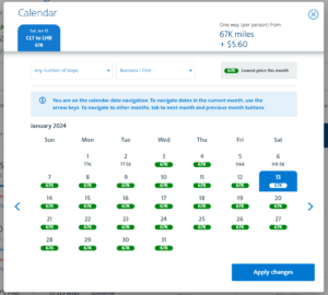 AA award calendar showing good availability for business class between CLT and LHR